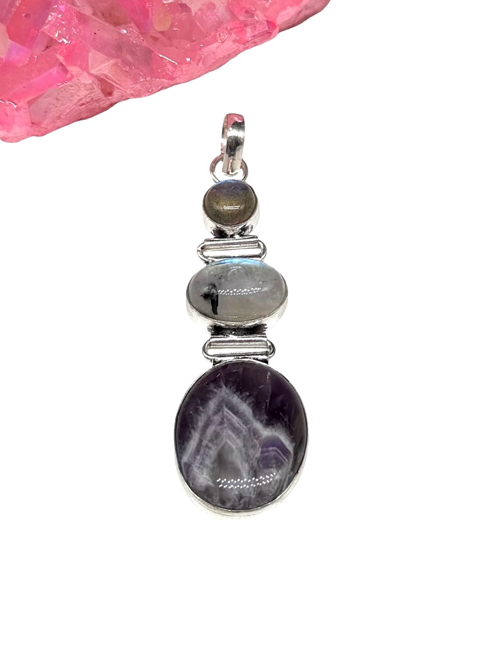 Chevron Amethyst Rainbow Moonstone Labradorite Necklace Pendant Sterling Overlay